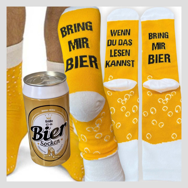 Lustige Bier Socke in gelber Spardose